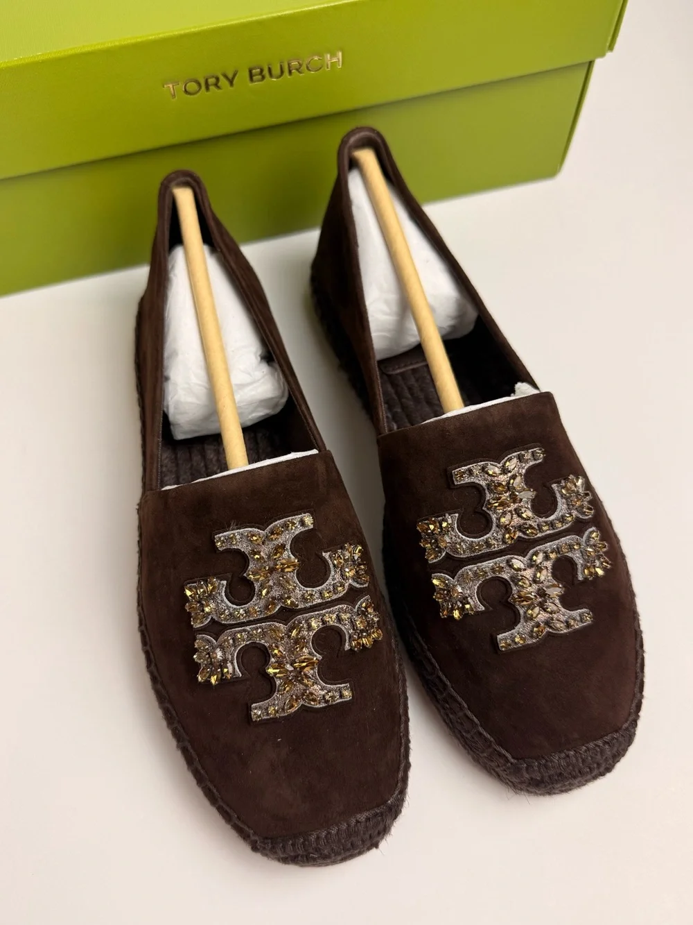Tory Burch Embellished Espadrille Flats Dark Cocoa Suede Crystal Logo US 6